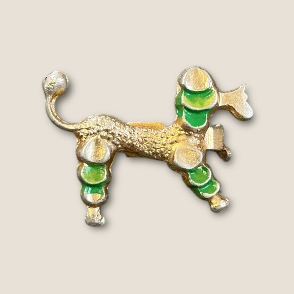 Vintage Gold-Tone Poodle Scatter Pin Brooch With Green Enamel Accents 1" X 0.5" - Picture 2 of 4